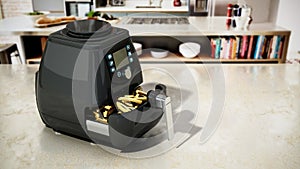 Air fryer with fried potatoes standing on kitchen counter. 3D illustration photo