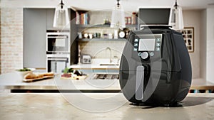 Air fryer with fried potatoes standing on kitchen counter. 3D illustration photo