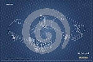 Air fuel truck in isometric style. Industrial outline blueprint. Maintenance of aircraft. Tanker for airplanene