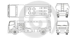 Air fuel truck in outline style. Front, side, top and back view. Maintenance of aircraft. Airfield transport