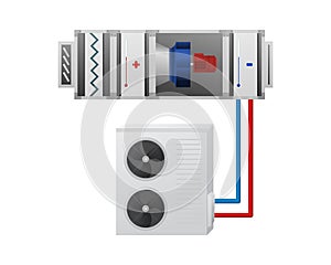 Air handling unit with heating, cooling unit, recuperator and chiller.