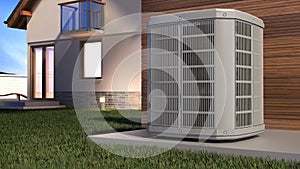 Air heat pump and house, 3D illustration