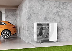 Air heat pump standing outdoors. Modern, environmentally friendly heating. Save your money with air pump. Air source photo