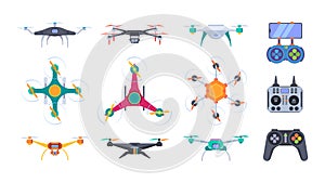 Air helicopters. Delivery drones with camera aerial outdoor photography smart aircraft systems garish vector flat