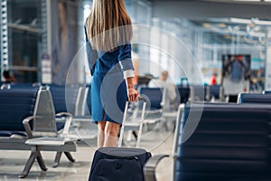 Air hostess going between seat rows in airport