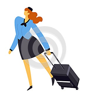 Air hostess or stewardess, flight attendant in uniform with suitcase