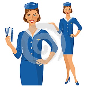Air hostess. Stewardess holding ticket in her hand. Woman in official clothes