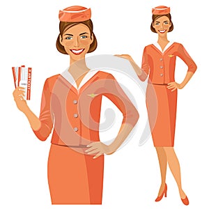 Air hostess. Stewardess holding ticket in her hand. Woman in official clothes