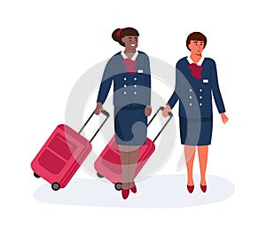 Air hostess. Stewardess with luggage. Standing women in uniform. Aircrew accompanies flight. Career and professional