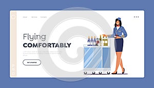 Air Hostess in Uniform Landing Page Template. Stewardess Push Trolley with Drinks Holding Pos Terminal. Flight Attendant