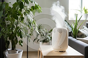 air humidifier works in modern living room with plants. still life