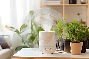 air humidifier works in modern living room with plants. still life with plant