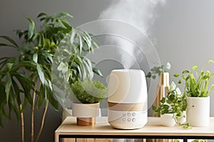 air humidifier works in modern living room with plants. still life with plant