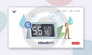 Air Humidity Landing Page Template. Tiny Character with Water Drop in Hands Stand at Huge Hygrometer Show Microclimat photo