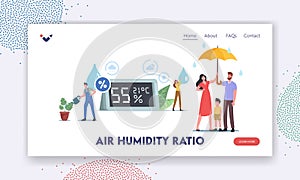 Air Humidity Ratio Landing Page Template. Tiny Characters at Huge Hygrometer. Mother, Father and Child under Umbrella photo