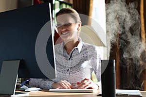 Air ionizer on the table of a woman, a close-up photo