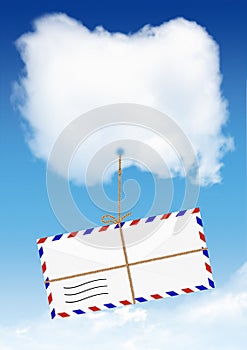 Air Mail concept, envelope fly on cloud with copy space