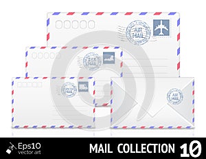 Air mail envelope with postal stamp isolated on
