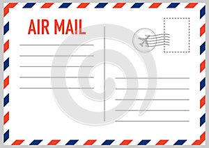 Air mail envelope with postal stamp isolated on white background.