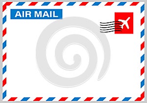 Air mail envelope with postal stamp isolated on white background. Vector stock illustration