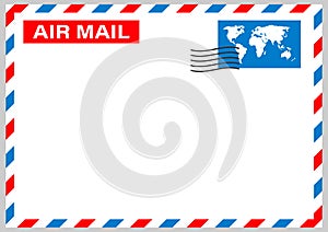 Air mail envelope with postal stamp isolated on white background. Vector stock illustration
