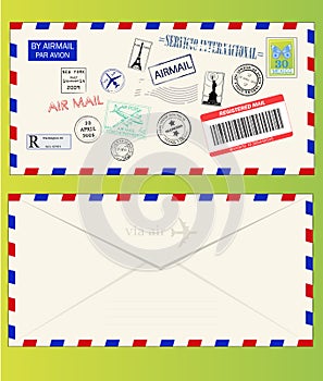 Air mail envelope with postal stamps