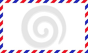 Air mail letter. Post stamp. Airmail frame postcard. Blue red stripes pattern. Mockup template envelope. Vector illustration