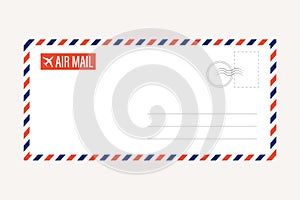 Air mail letter vector. post stamp. airmail frame postcard. blue red stripes pattern. mockup template envelope. on white