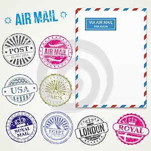 Air mail stamps and envelope vector