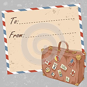 Air mail travel postcard with old grunge envelope