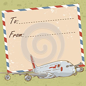 Air mail travel postcard with old grunge envelope