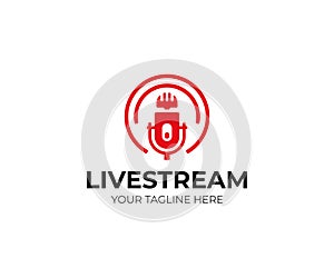 Air microphone and waves logo template. Live streaming vector design