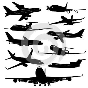 Air plane, aircraft jet vector silhouettes