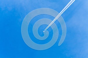 An air plane fly over the clear blue sky