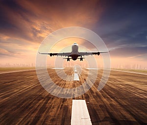 Air plane flying over airport runway with city scape and sunset sky background