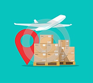 Air plane logistics delivery mail service vector or aircraft freight and cargo airmail parcels packages courier concept flat