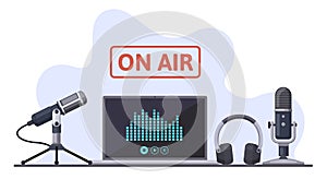 On air. Podcast, radio broadcast, or audio streams, sound recording with microphone and headphones. Online podcast