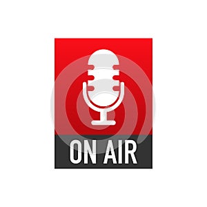 On Air Podcast radio icon. Studio table microphone with broadcast text on air. Vector illustration.