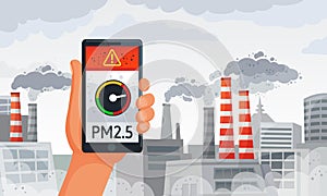 Air pollution alert. PM2.5 alerts meter smartphone notification, dirty air and dirty environment vector illustration
