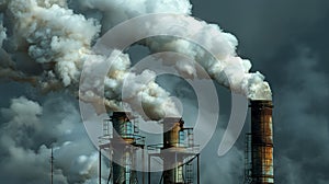 Air pollution from the chimneys of a power plant. The concept of environmental pollution.