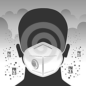 Air pollution concept with Dust masker sign in PM 2.5 dust clouds and smoke vector design