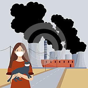Air pollution. Ecology concept. Industry factory vector industrial chimney pollution with smoke in environment. Woman in a