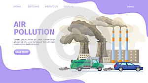 Air pollution, environmental problems web page, vector illustration. Industrial factory and car with exhaust gas