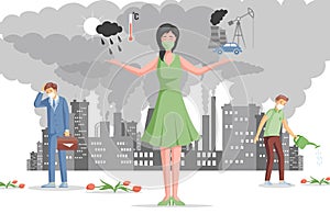 Air pollution flat illustration. Sad people in protective face masks. Global warming, air pollution with harmful gases.