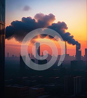 Air pollution in industrial era, large factory smoke stacks in sunset, generative ai