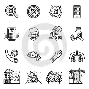 Air pollution; Micro dust pm 2.5 icon set. Thin line style stock vector.