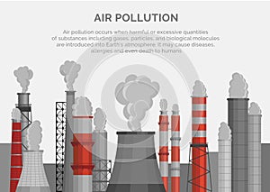 Air pollution poster, banner. Smoke emissions to atmosphere in industrial zone.