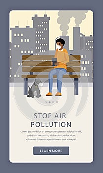 Air pollution prevention app screen template. Stop industrial smog and gas waste contamination onboarding smartphone