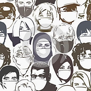 Air pollution protection. People of different ages and nationalities wearing medical masks. Vector illustration.