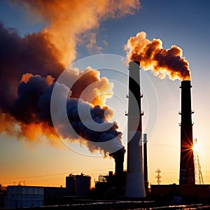 Air pollution and smoke generated from chimney stacks in industrial factory and power plant